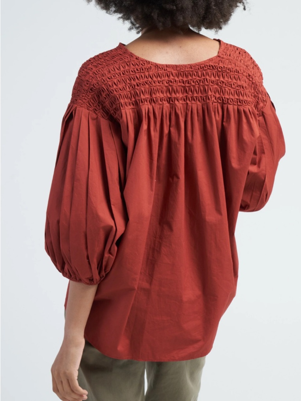 Merlette Dalen Top M Terracotta Pima Cotton Smocked Yoke Pleated Sleeve Blouse - Picture 6 of 9